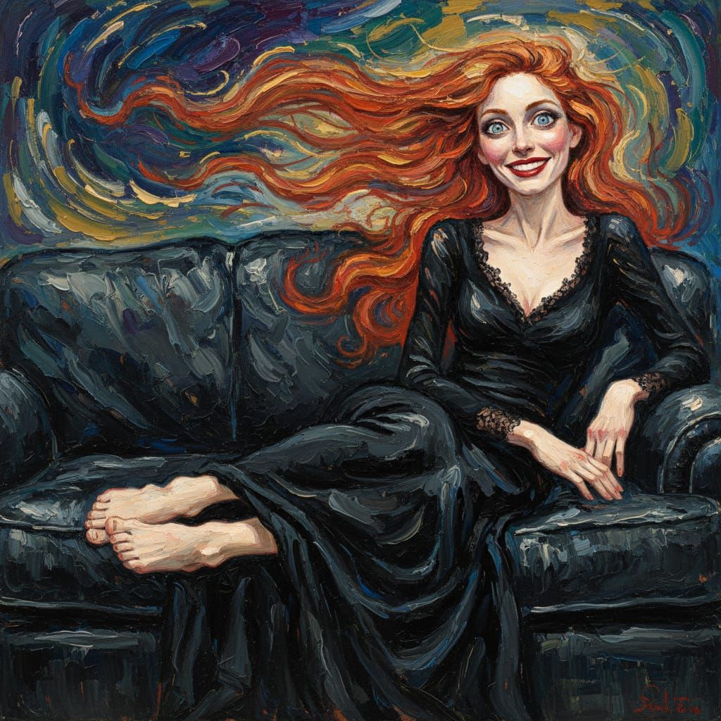 Red-Haired Woman on Sofa in Expressionist Style