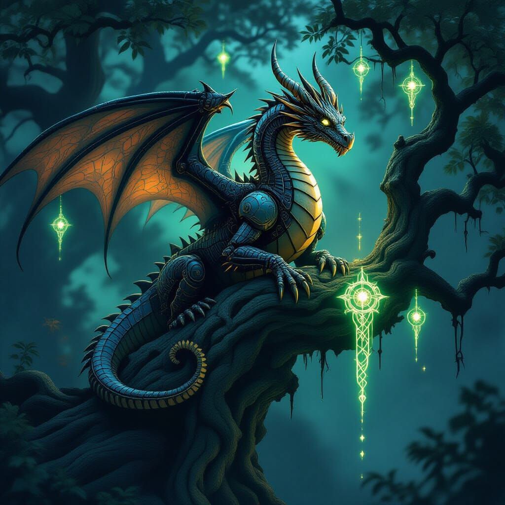 Mechanical Dragon on Ancient Tree in Film Noir Style