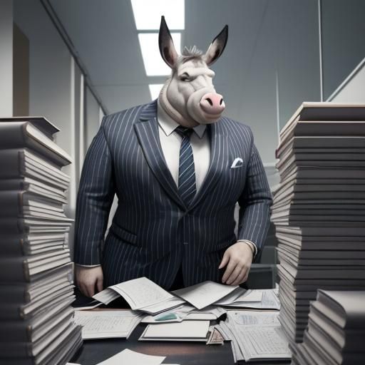 Donkey-Headed Man in Pinstripes in Modern Office