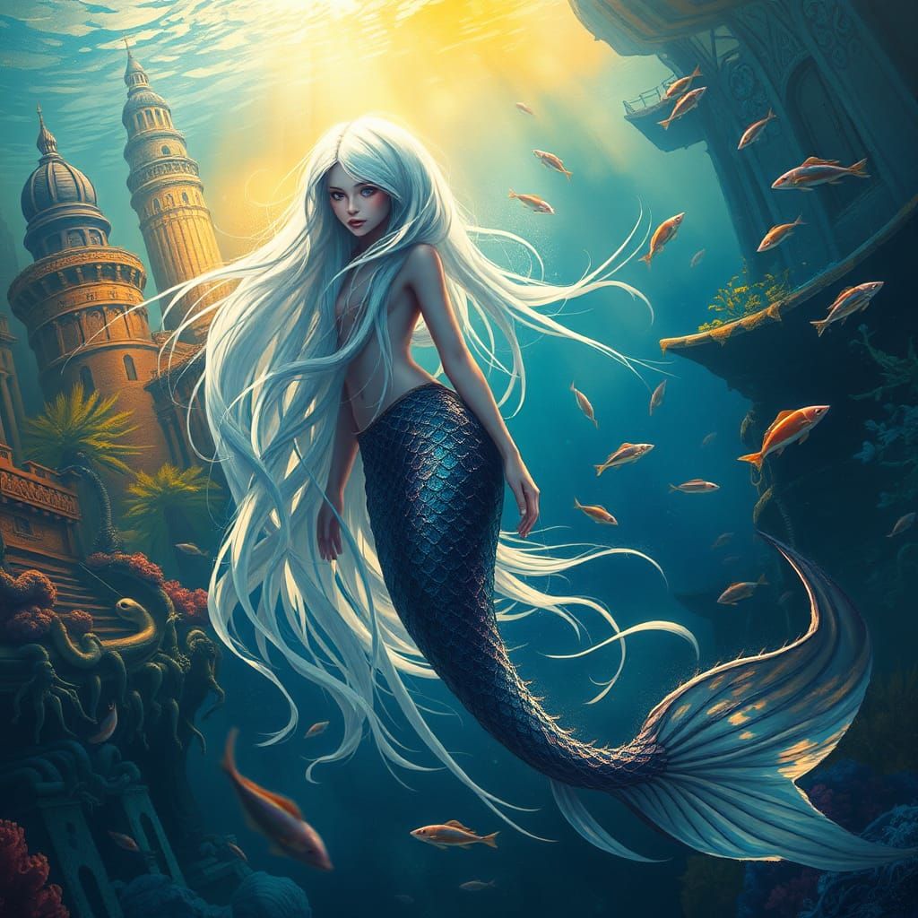 Ethereal Mermaid in Underwater Cityscape