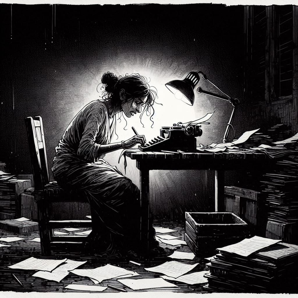 Woman Working Late in Dimly Lit Room