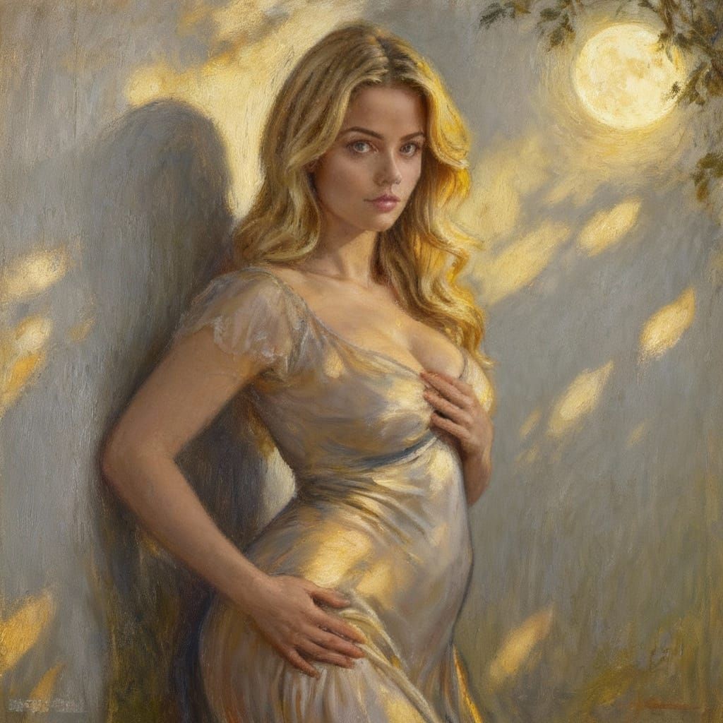 Blonde Woman in Nightgown by Moonlight