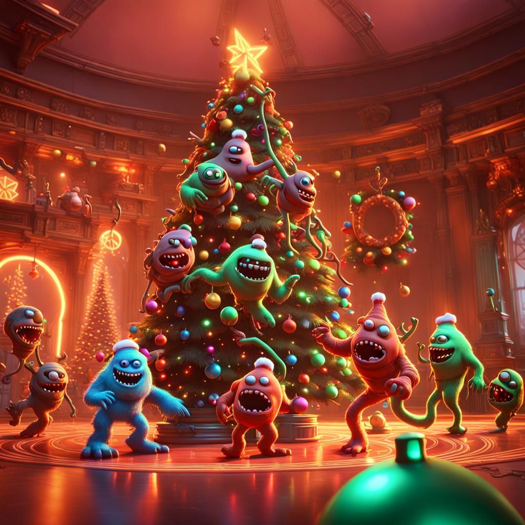 Monsters from Doom eternal  dancing around the christmas tree. Pixar, Disney, concept art, 3d digital art, Maya 3D, ZBru...