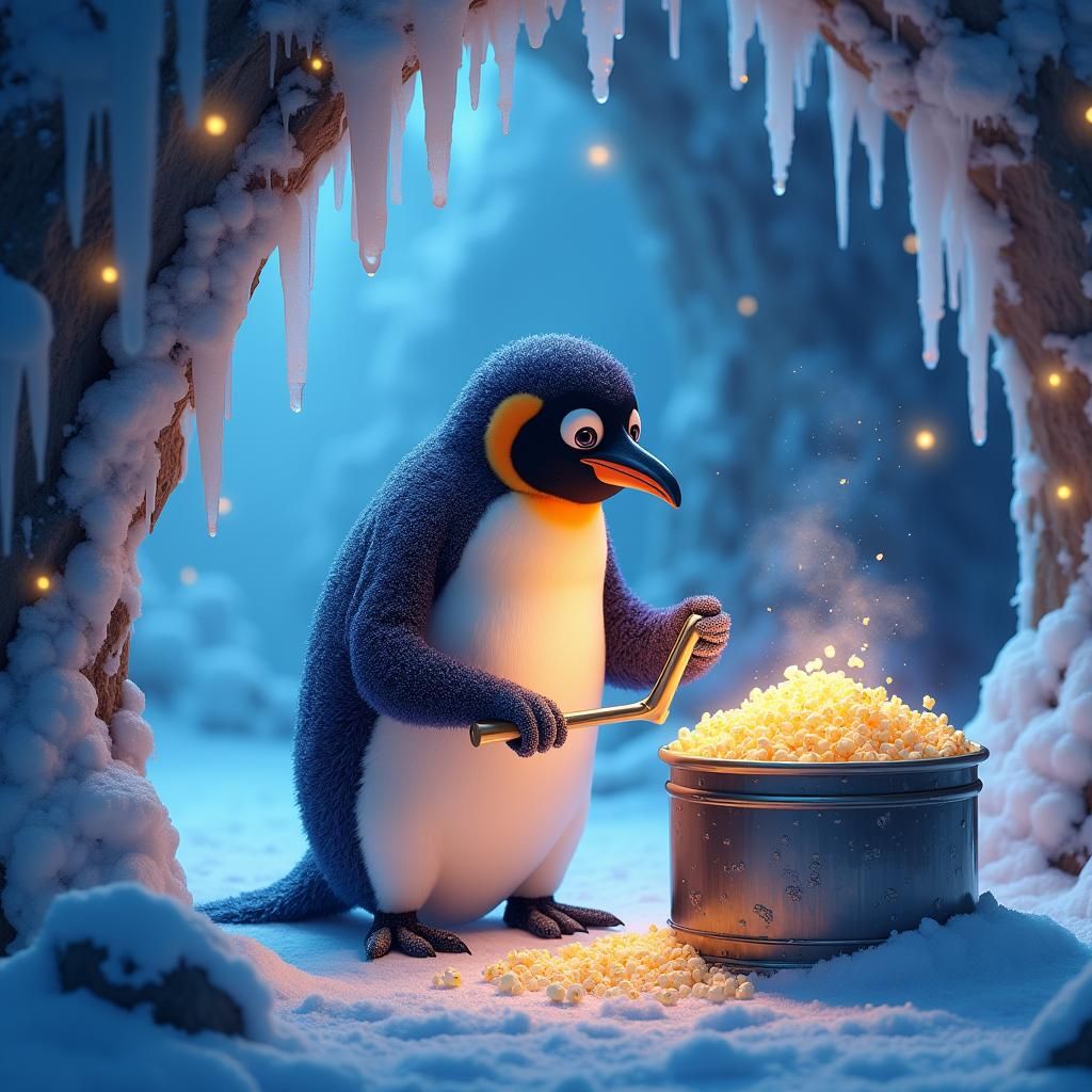 Penguin Pops Popcorn in Icy Cave