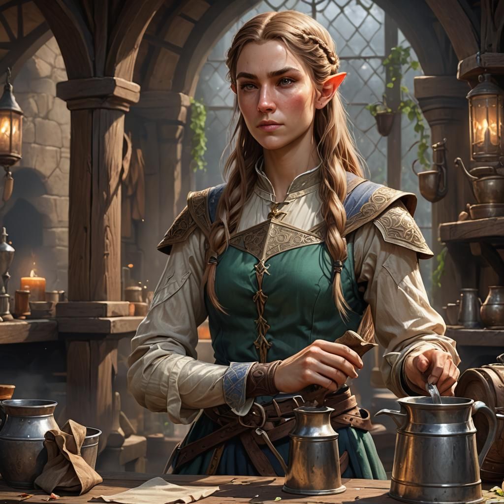 Tired Elven Innkeeper Cleans Tankard: Fantasy Portrait