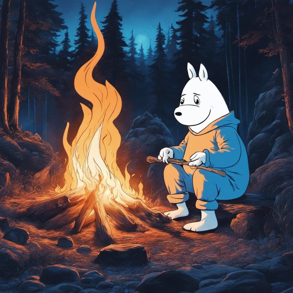 Hyperrealistic Moomin Groke Campfire in Neon Moonlight