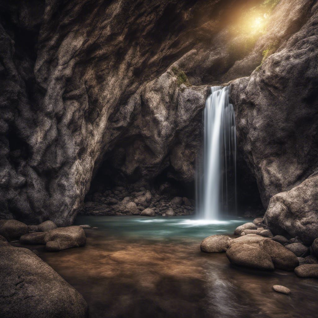 Gemstone Cave Waterfall: Hyperrealistic 64MP Image