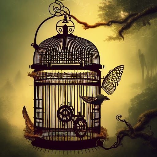 Steampunk Birdcage in Fairy Forest: Clockpunk Digital Art