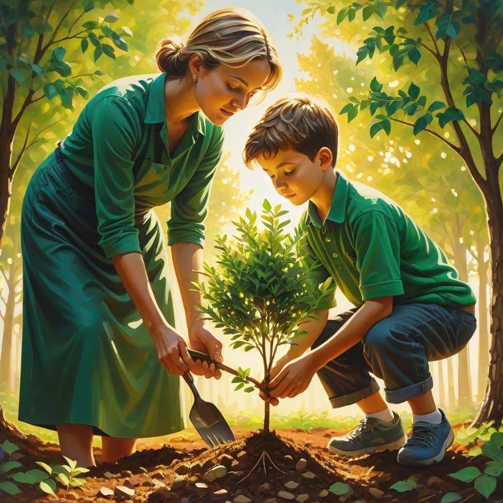 Boy and Mom Planting Tree in Surreal Oil Painting