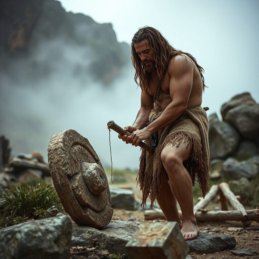 Caveman Crafts a Stone Wheel in a Prehistoric Landscape