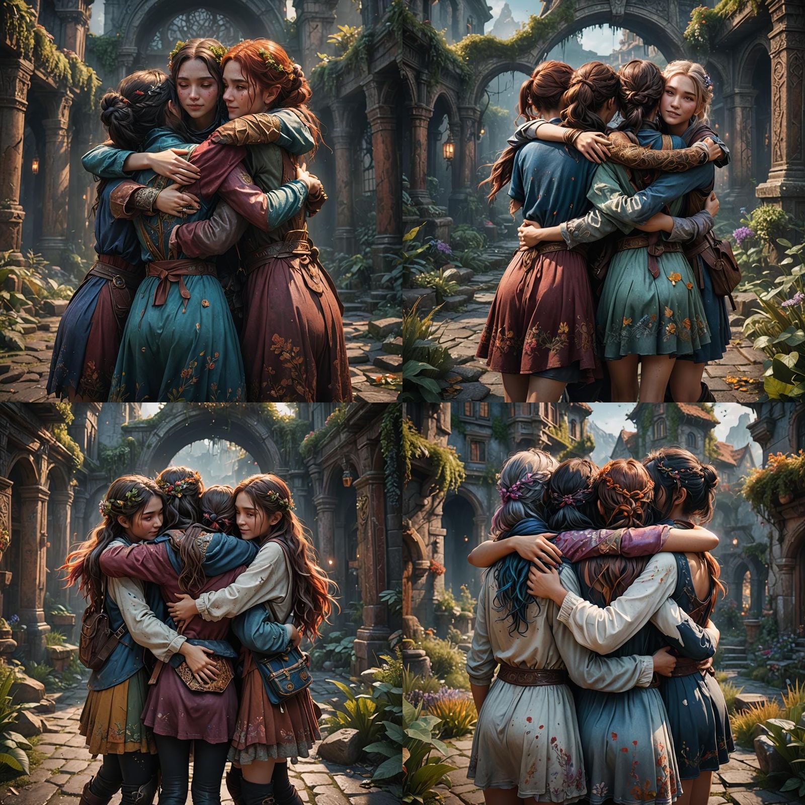 Three Girls Embracing: Detailed Fantasy Art