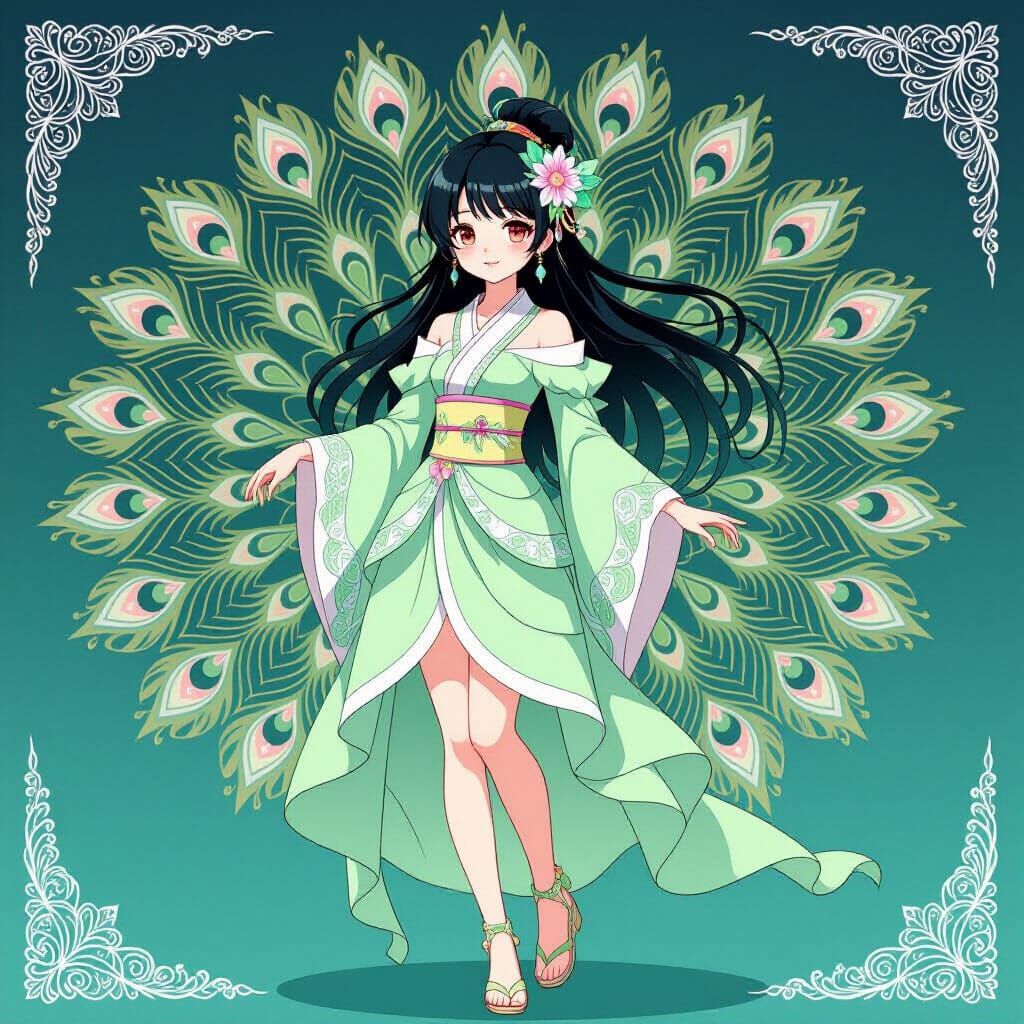 Anime Girl with Peacock Makeup in Kawaii Style