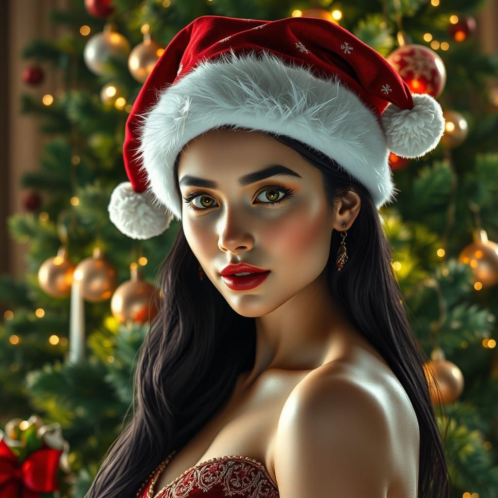Elegant Christmas Lady in Crimson Santa Hat