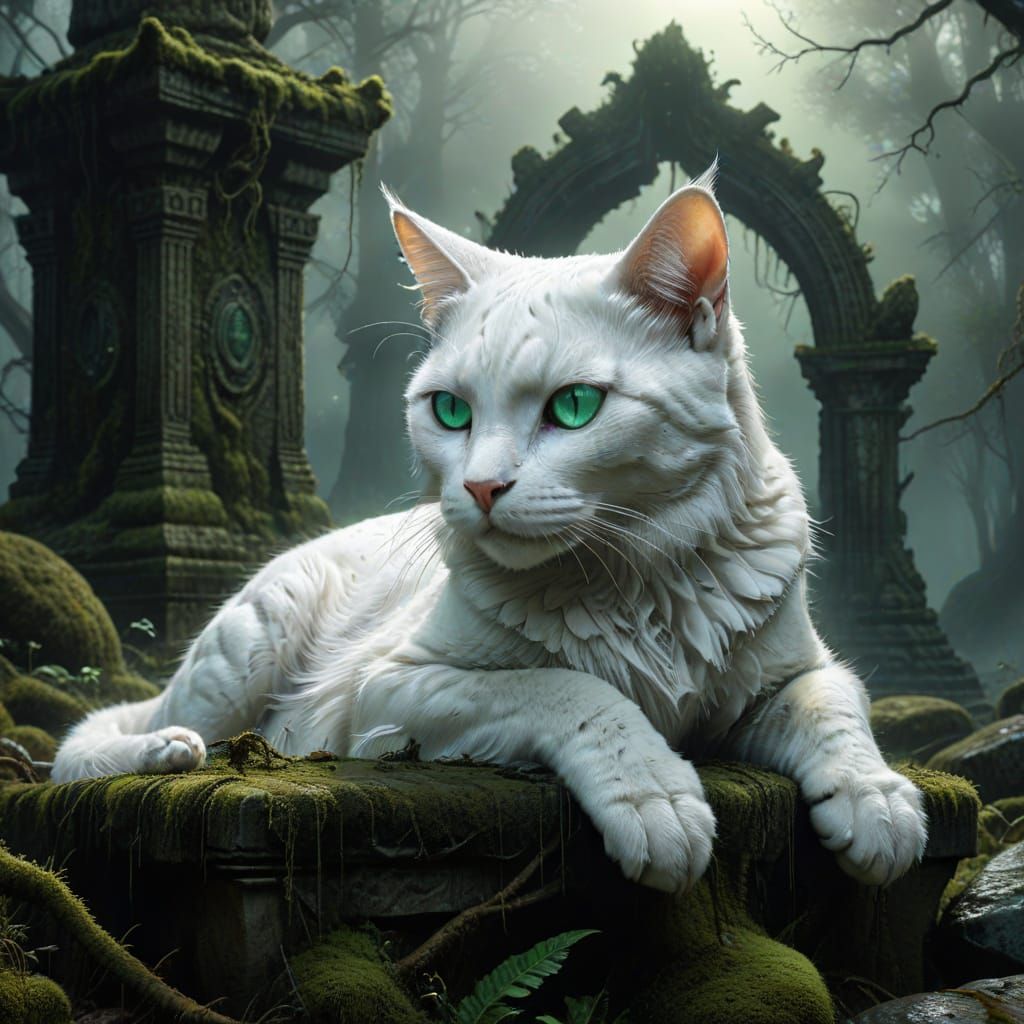Mysterious White Cat on Ancient Altar in Eerie Forest