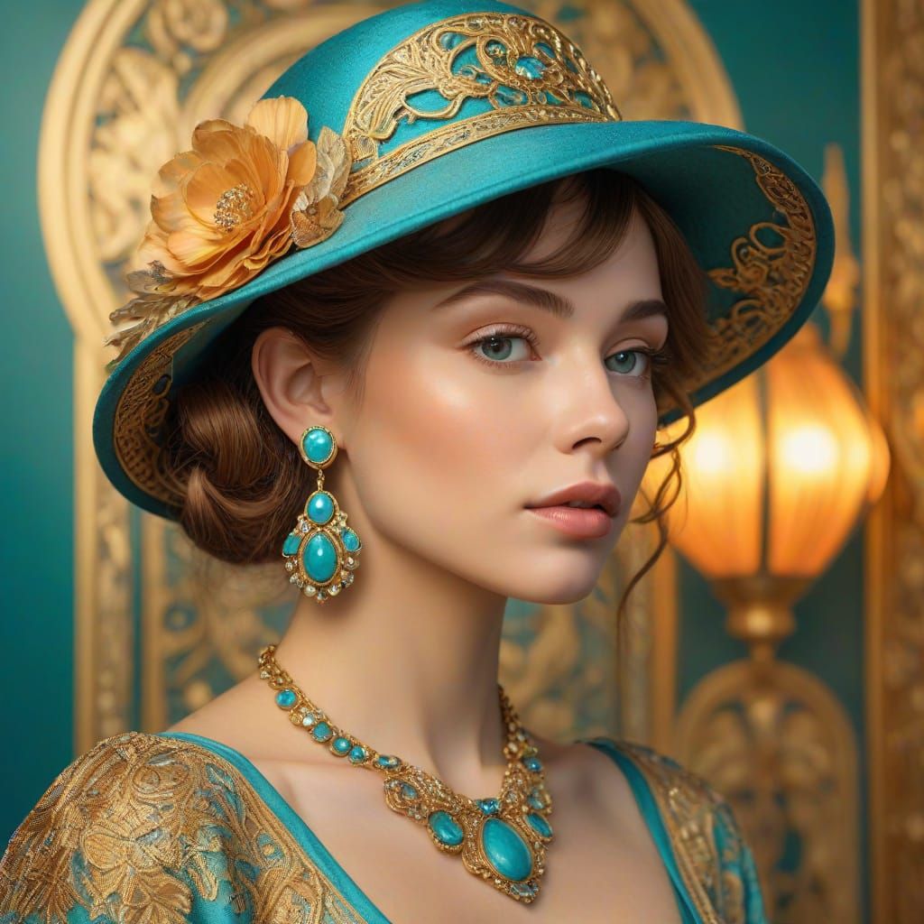 Art Nouveau Woman with Turquoise Hat and Roses