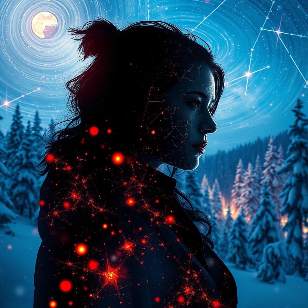 Ethereal Scarlet Witch Silhouette in Cosmic Snowscape