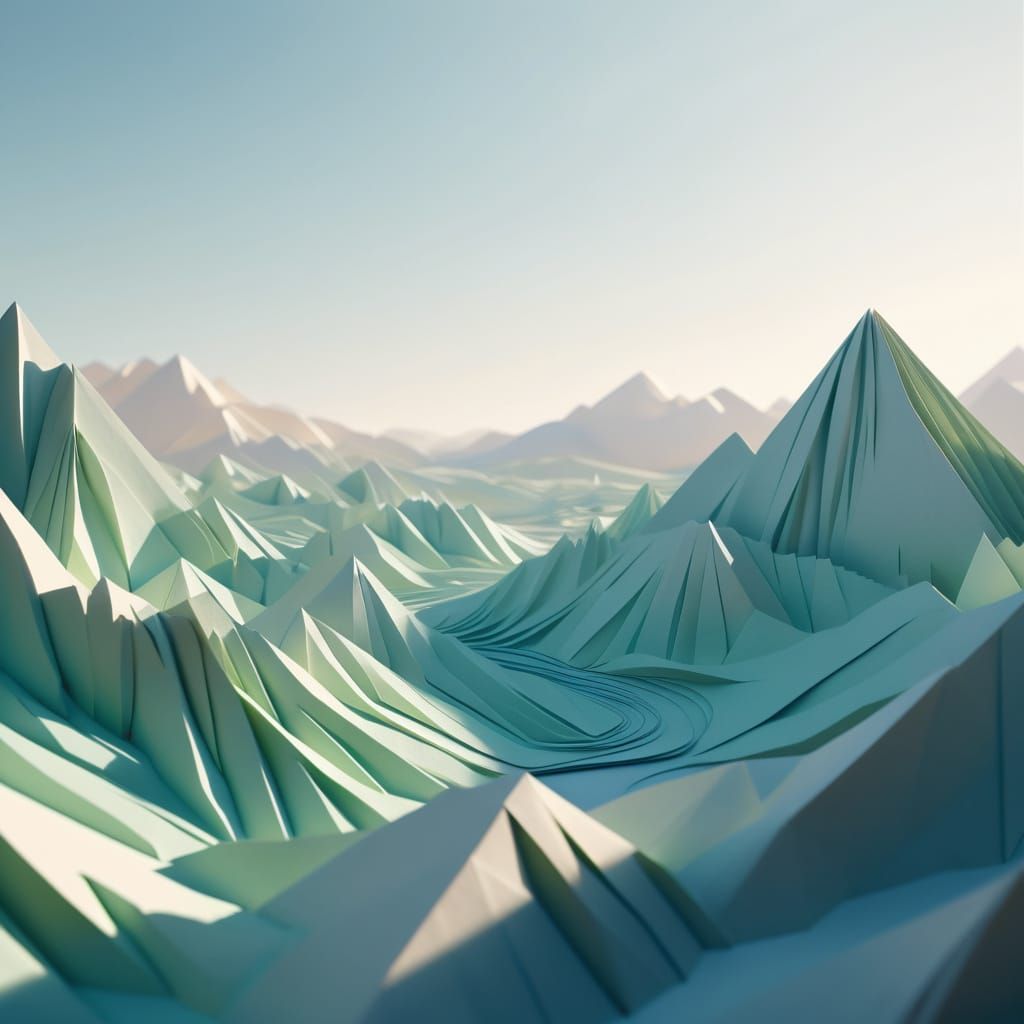 Intricate Origami Paper Folds Landscape in Ethereal Sunlight