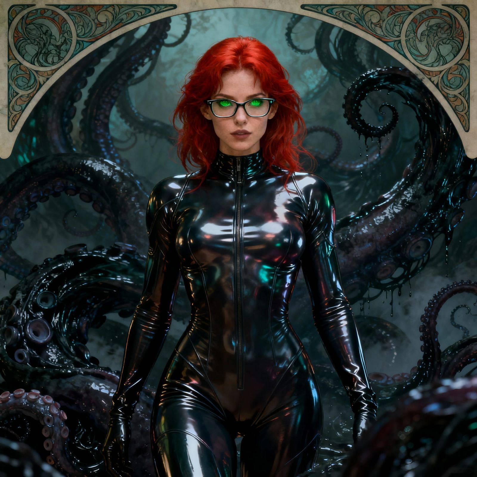 Muscular Redhead in Latex Bodysuit, Dark Fantasy Art