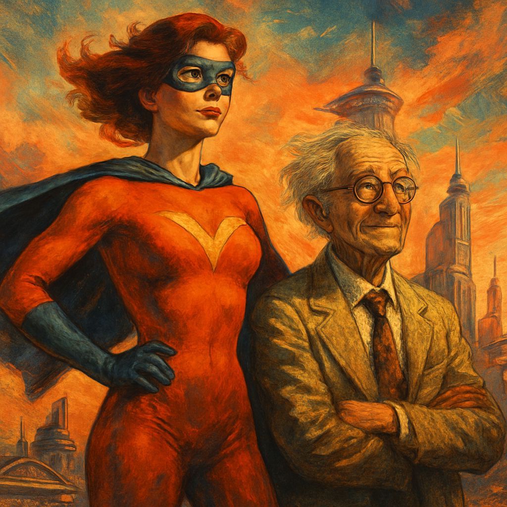 Superheroine and Professor in Retrofuturistic Cityscape