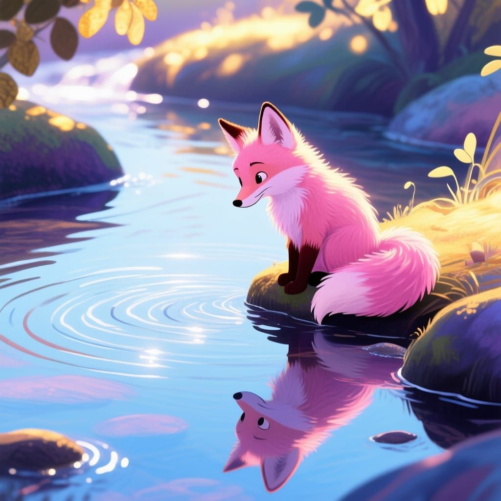 Fluffy Pink Fox by Stream in Golden Hour