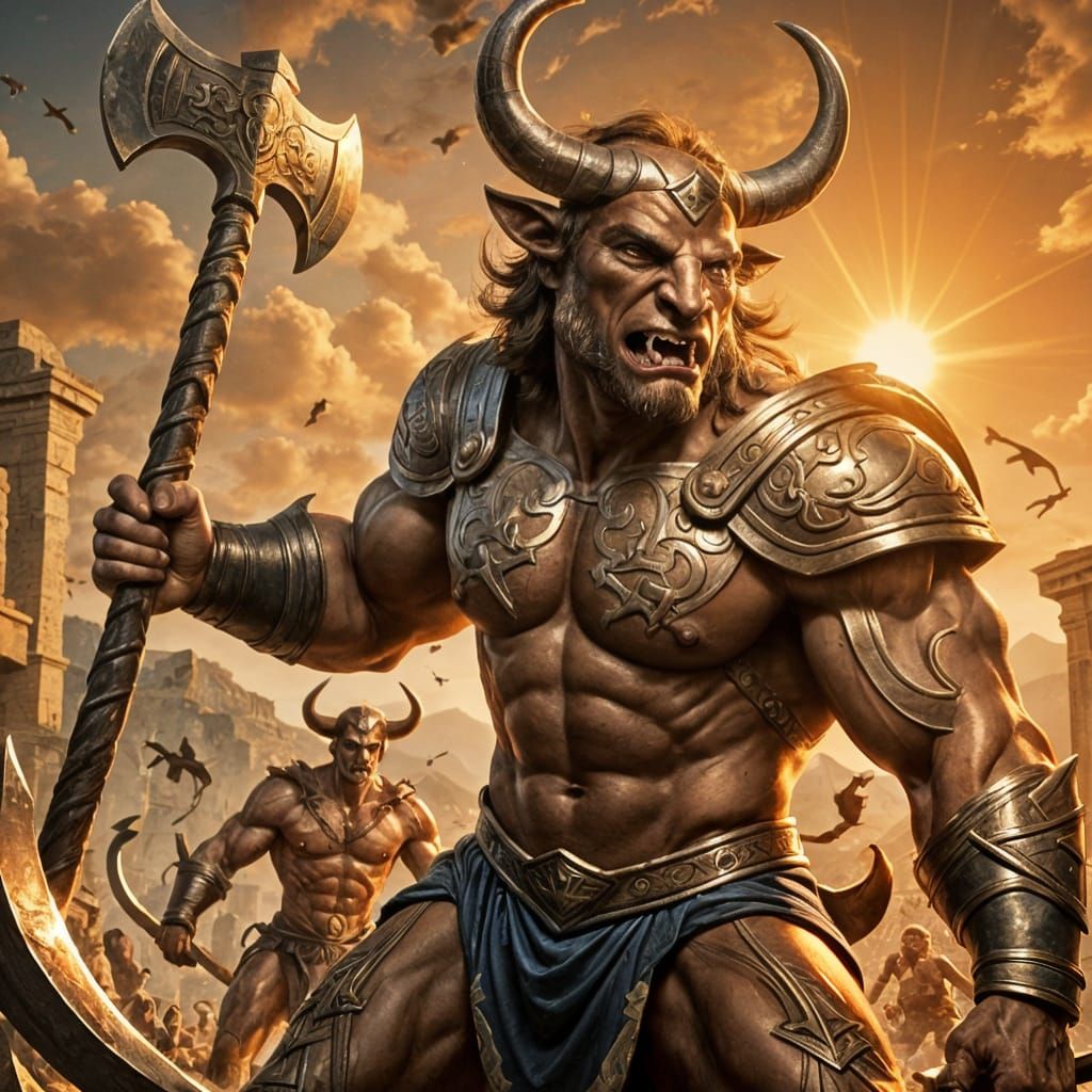 Minotaur Attacks Greek Soldier with Axe