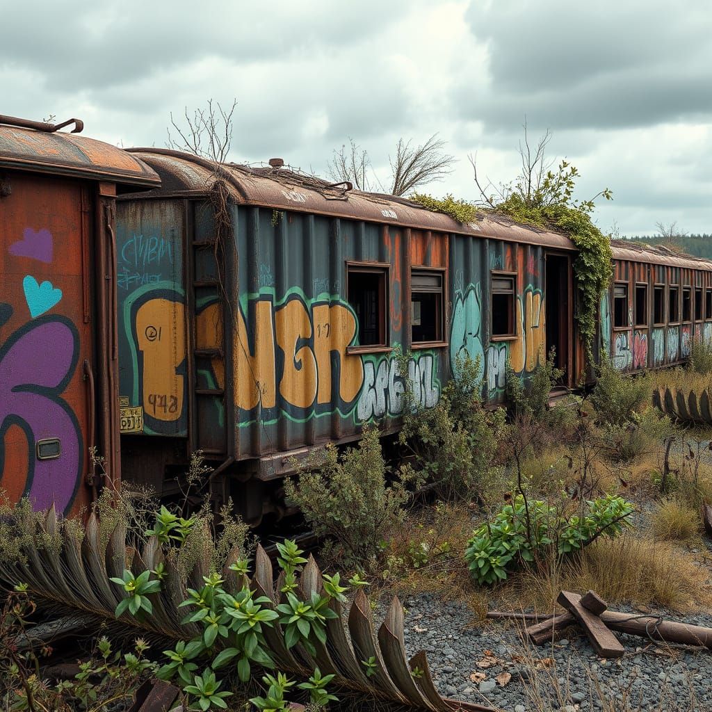 Hyper-Realistic Graffiti Train in Desolate Landscape