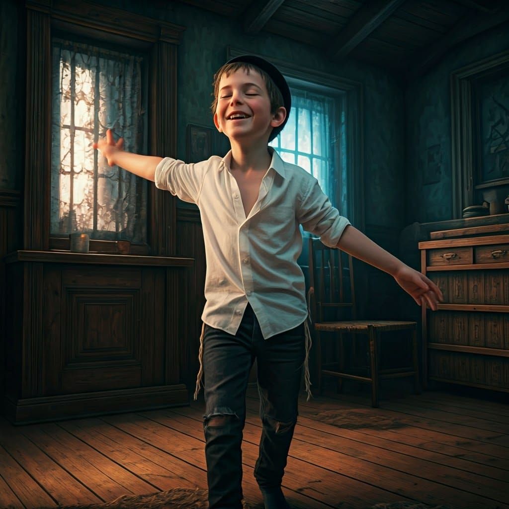 Young Hasidic Boy Dances with Fervent Devotion in Whimsical....