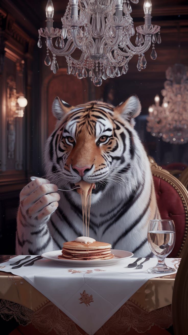 White Tiger Eats Pancakes in Restaurant, Realism