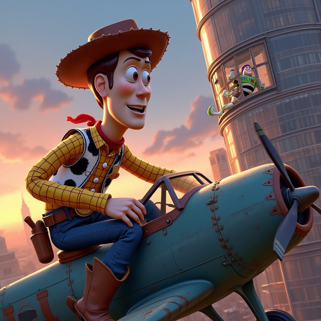 Cowboy Astronaut Woody Crashes Plane into Skyscraper