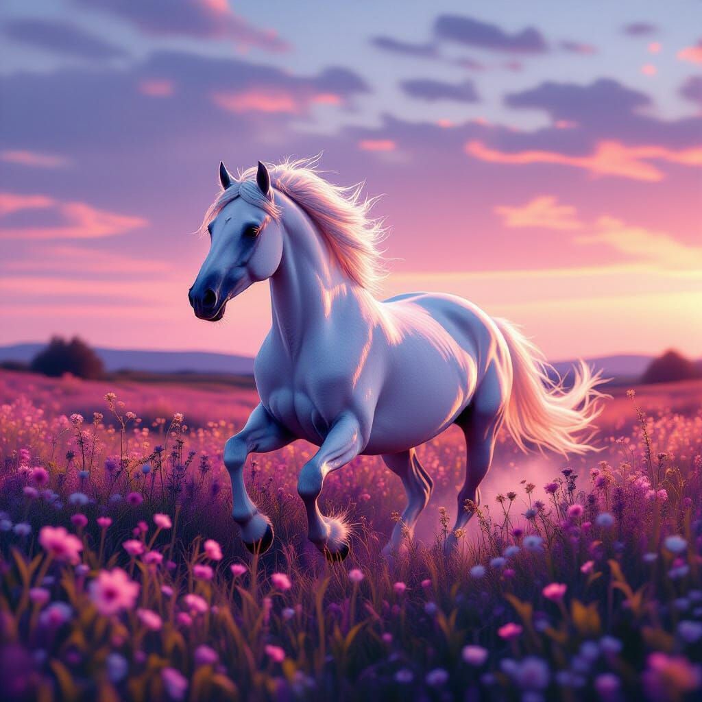 Majestic White Horse Galloping Through Wildflowers