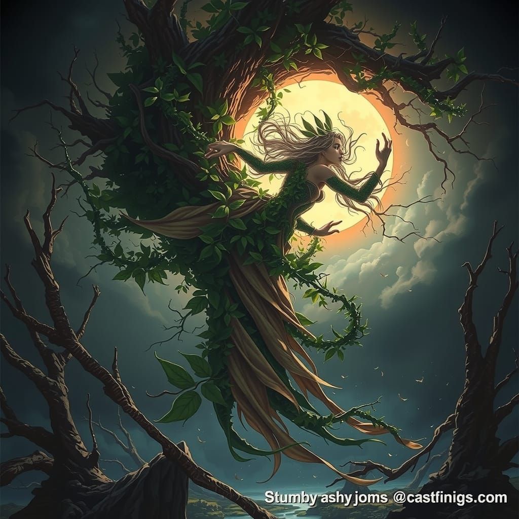 Dryad Embodied in a Swirling Leaf Vortex