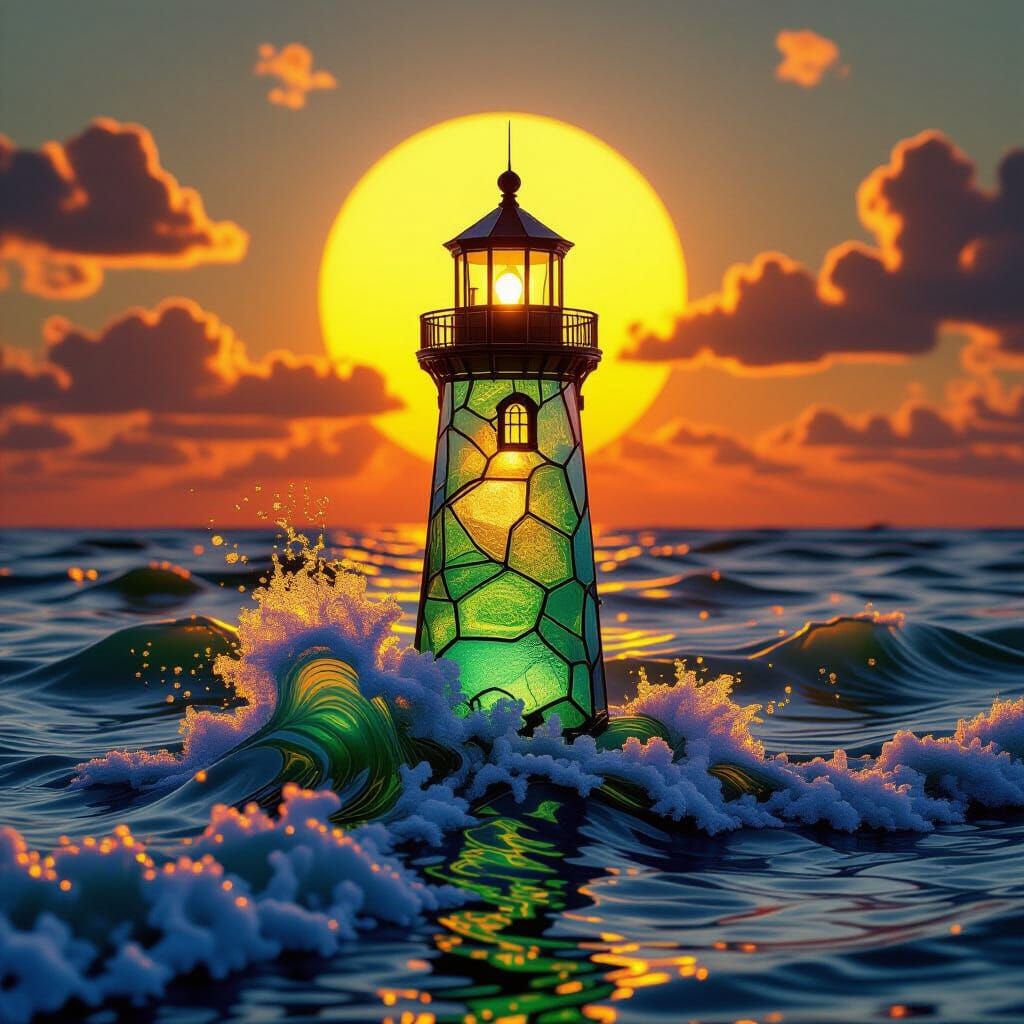 Glowing Sea Glass Lighthouse at Sunset