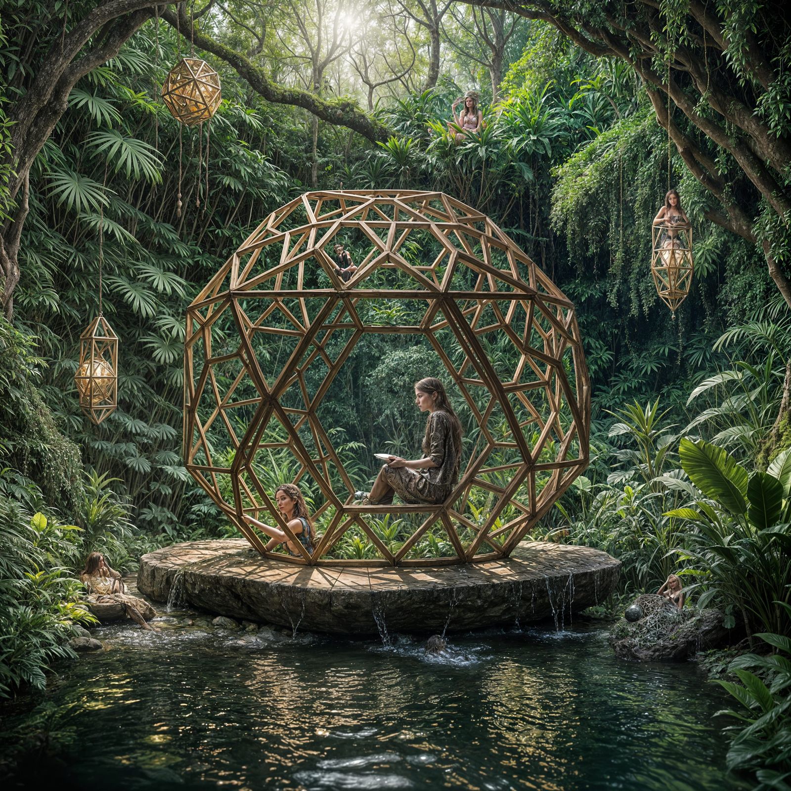 Bronze Dodecahedron in Jungle, Hyperrealistic Image