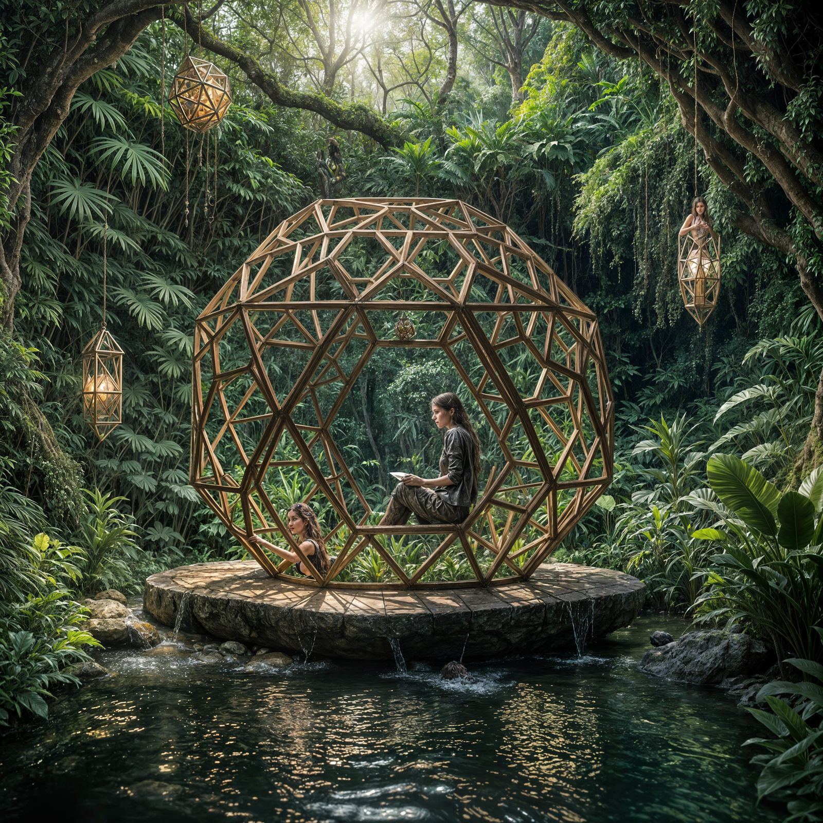Hyperrealistic Bronze Dodecahedron Scene in a Jungle Paradis...