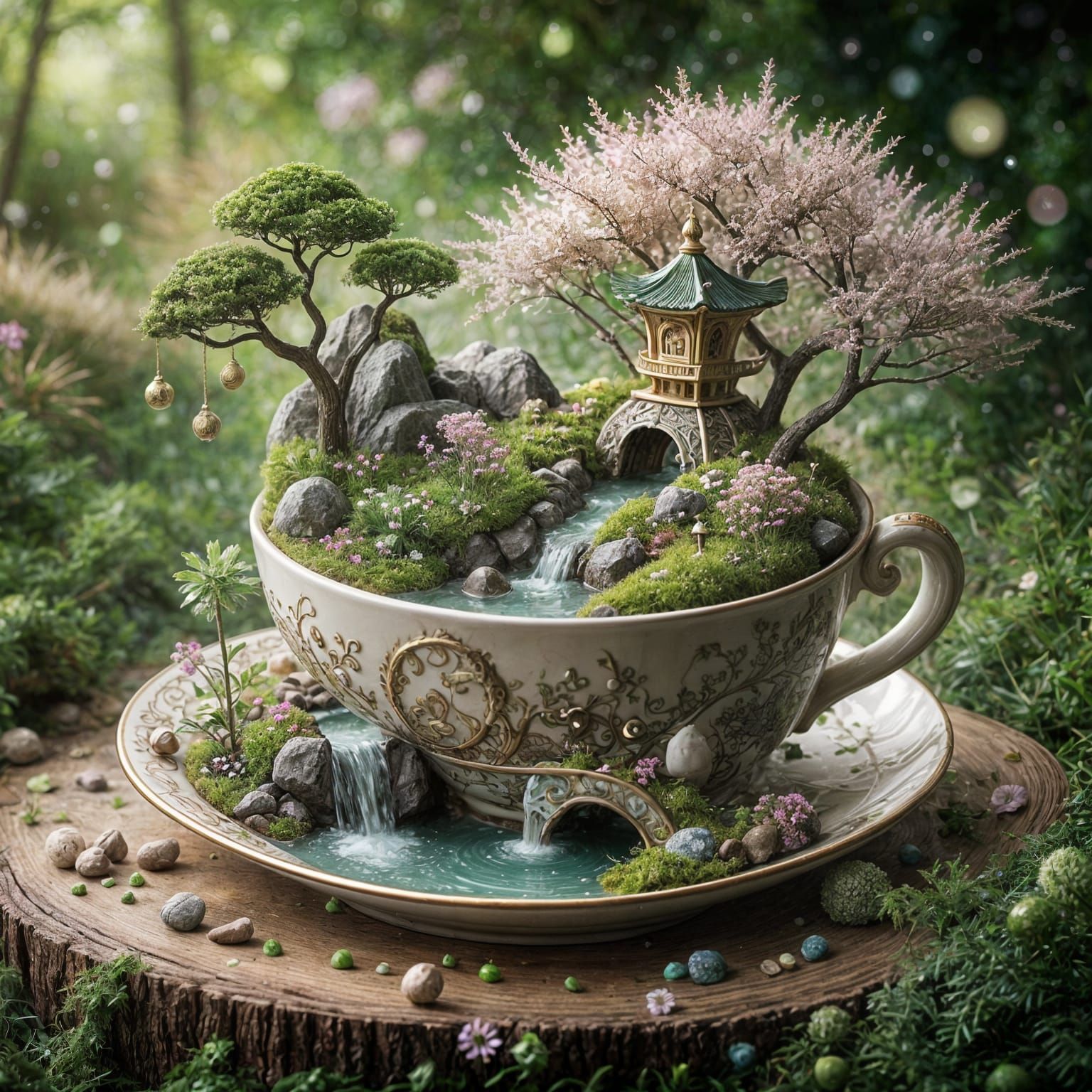 Whimsical Miniature Landscape in a Teacup