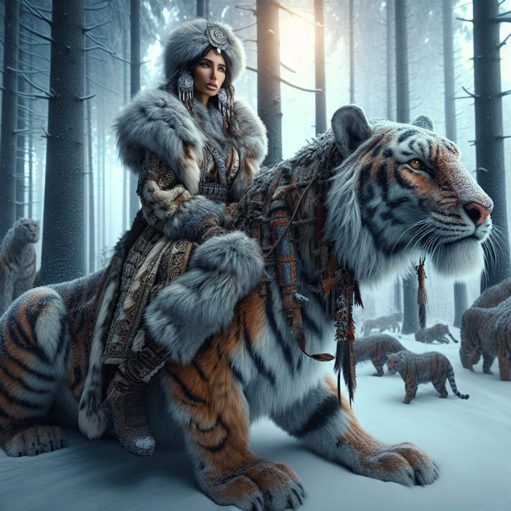 Hunter Woman on Tiger in Winter Forest