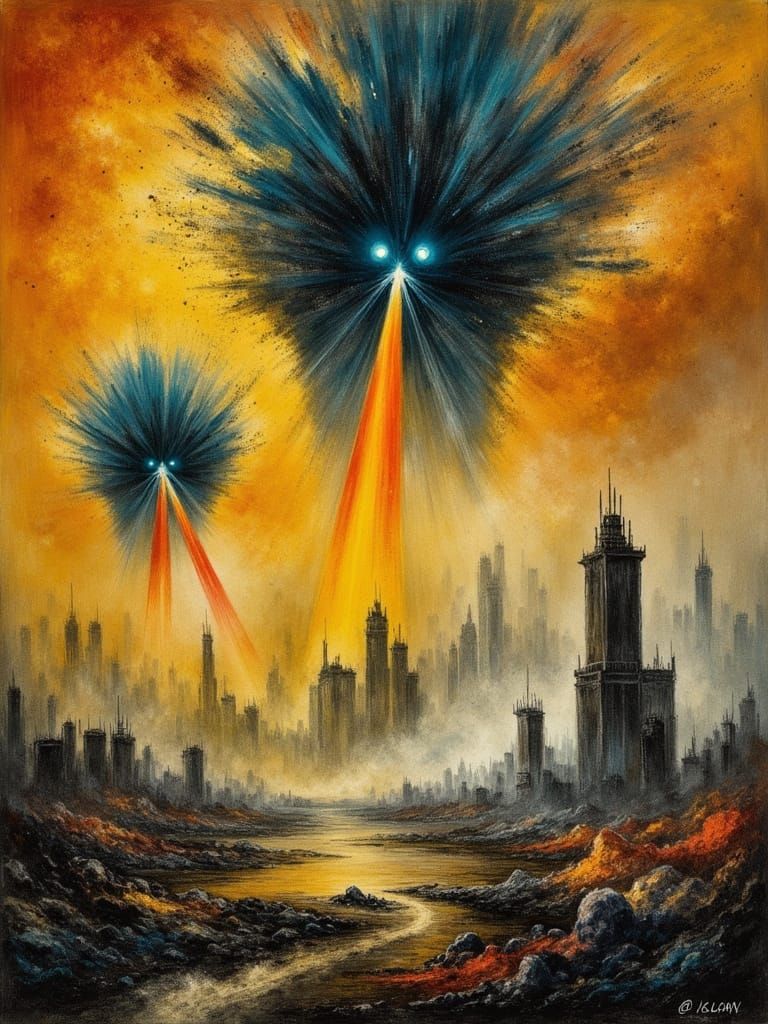 Surreal Dystopian Cityscape with Colossal Figures