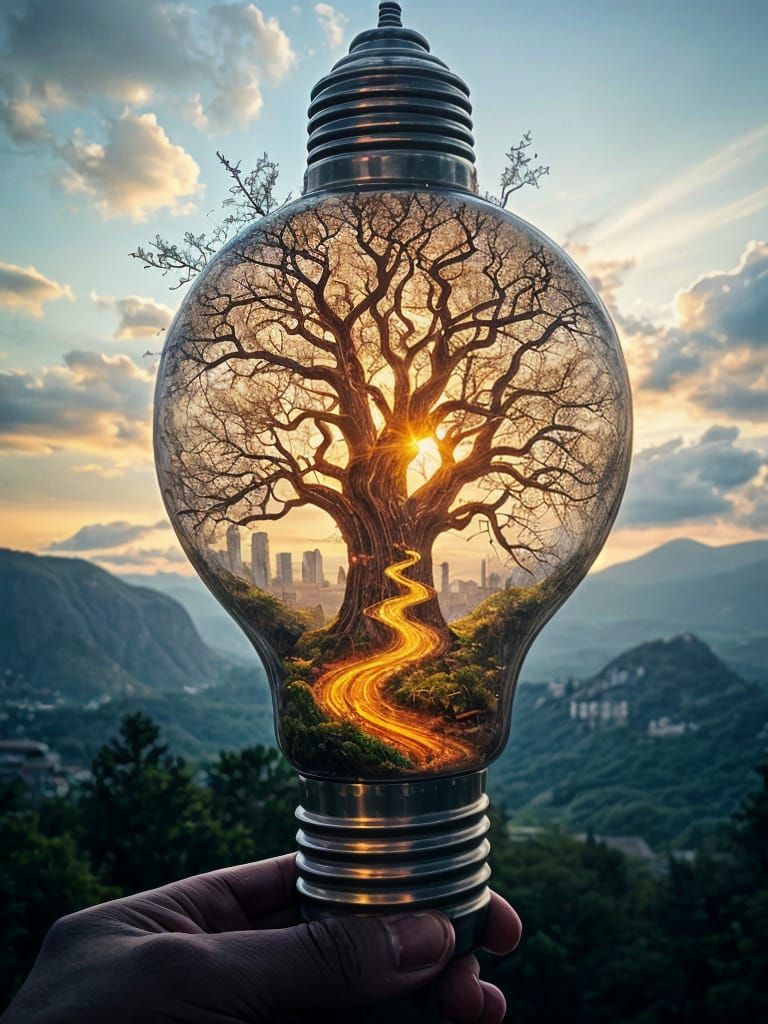 Surreal Glass Lightbulb Connects Cosmic Realms in Cyberpunk ...