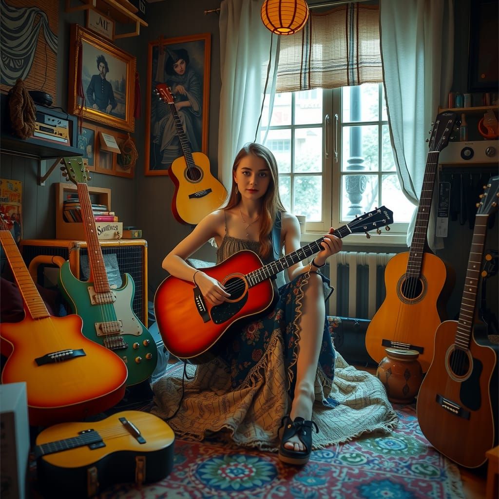 Bohemian Musician in Cozy Room, Digital Art