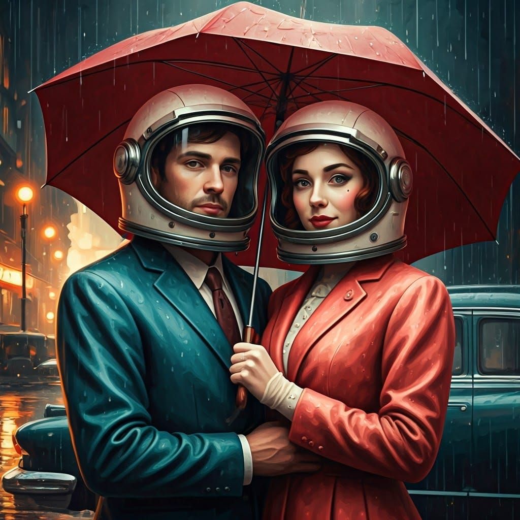 Elegant Couple Under Crimson Umbrella in Vintage Attire