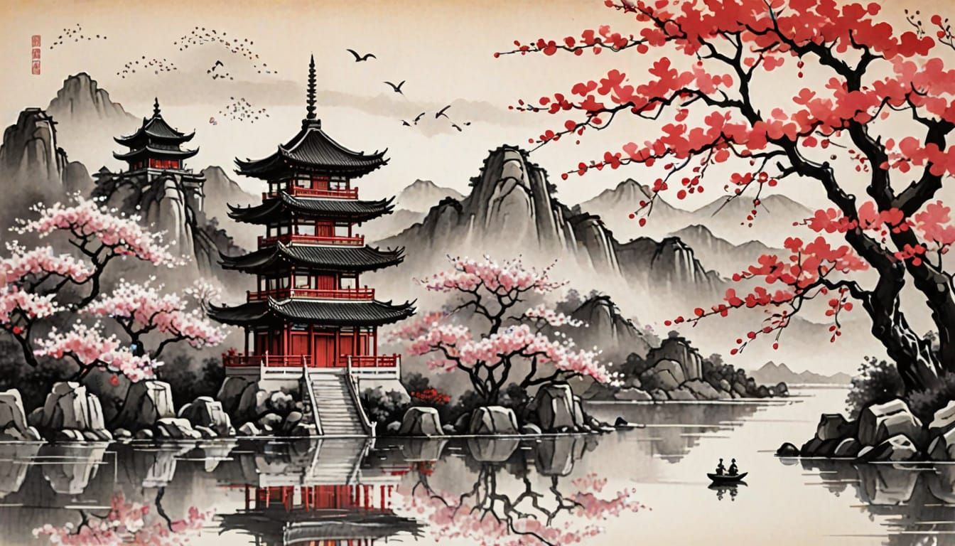 Ethereal Pagoda by Moonlit Lake