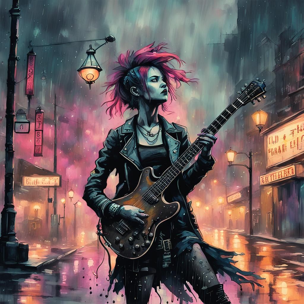 Punk Guitarist Silhouette in Cyberpunk Ink Painting