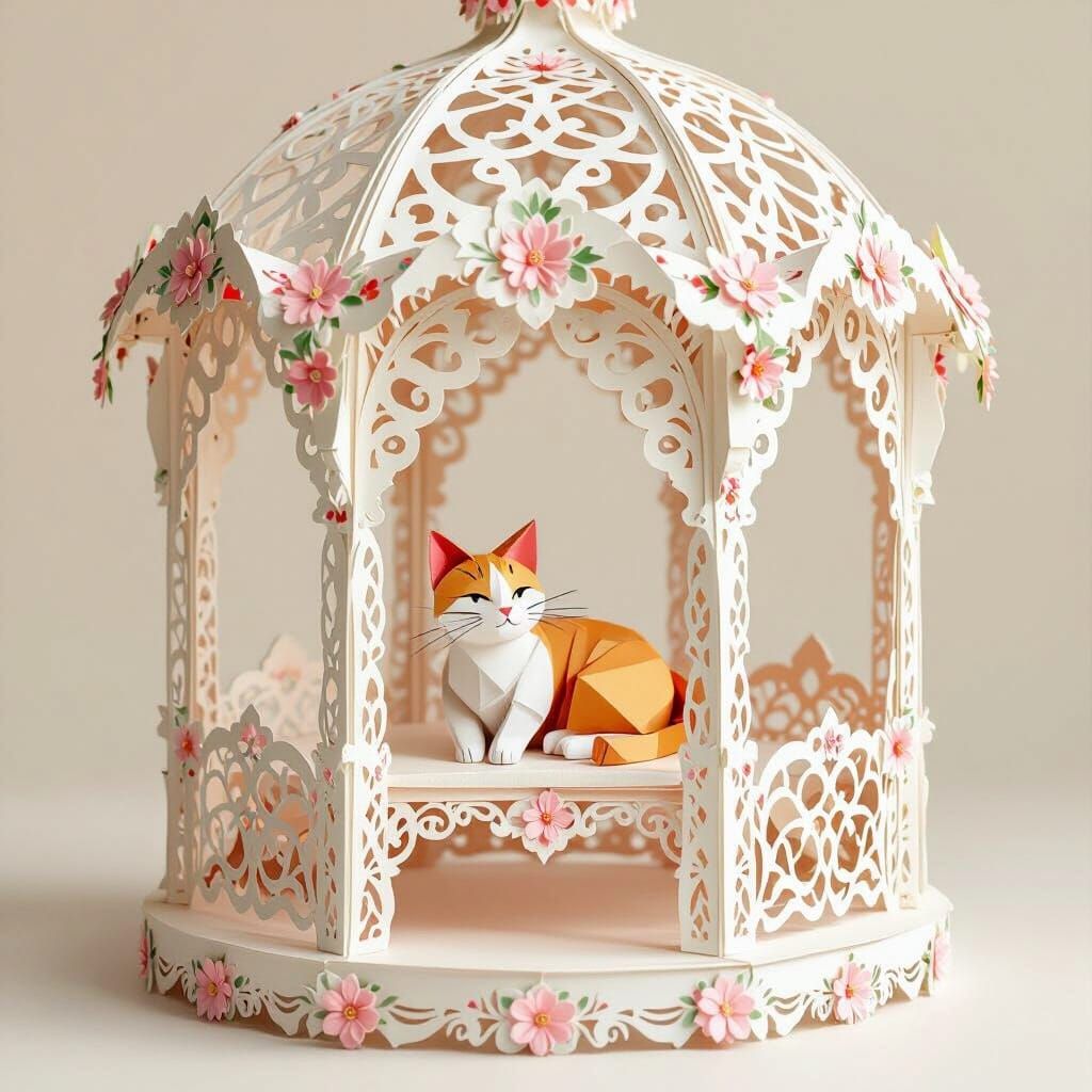 Origami Cat in Ornate Rococo Gazebo