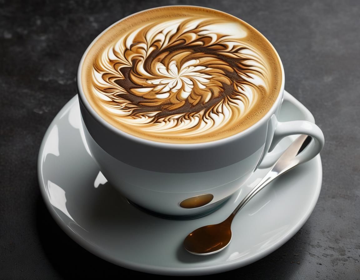 A captivating latte art masterpiece showcasing a 3d floating fractal with depth , design on the surface of the thick mi...