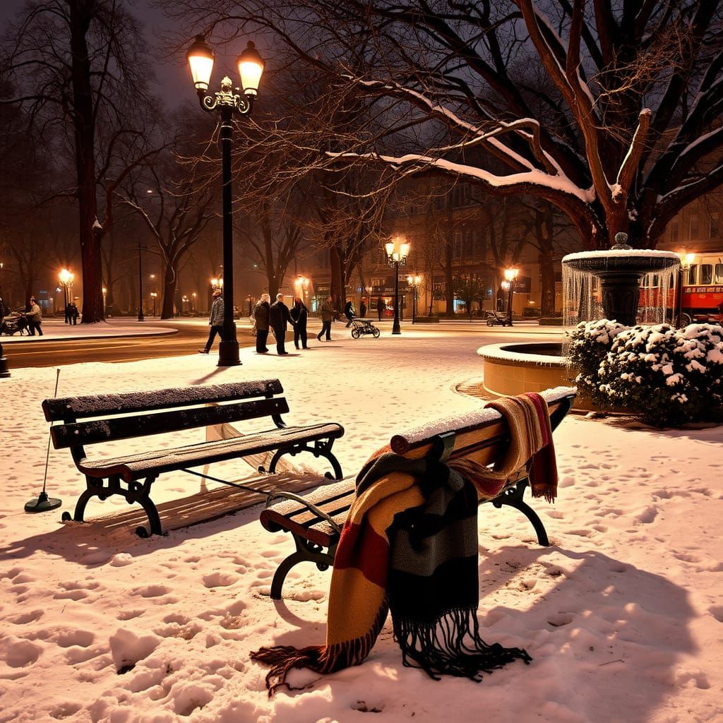 Frosted City Park at Night in a Winter Wonderland Style