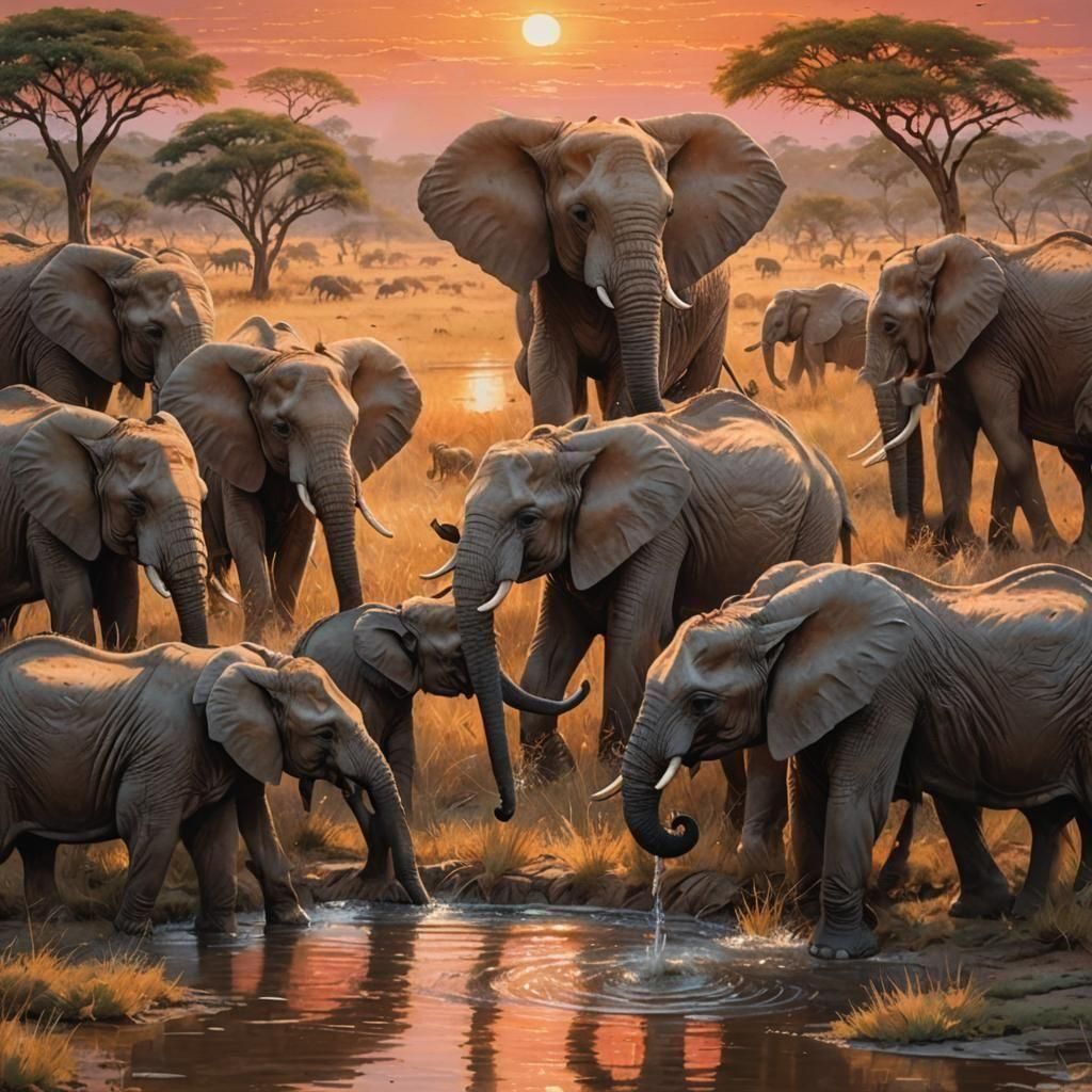 Elephants at Sunset: Hyperrealistic Splash Art