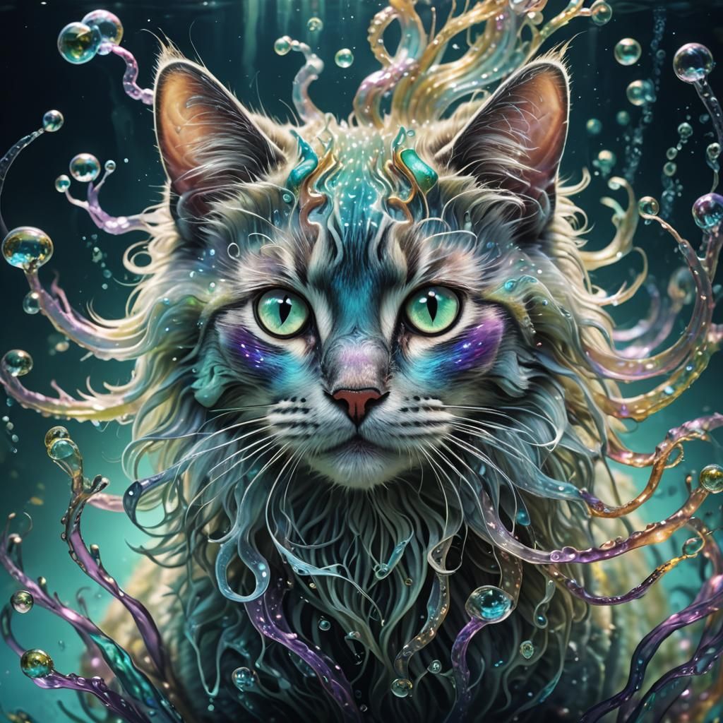 Bioluminescent Cat Underwater Portrait, Digital Art