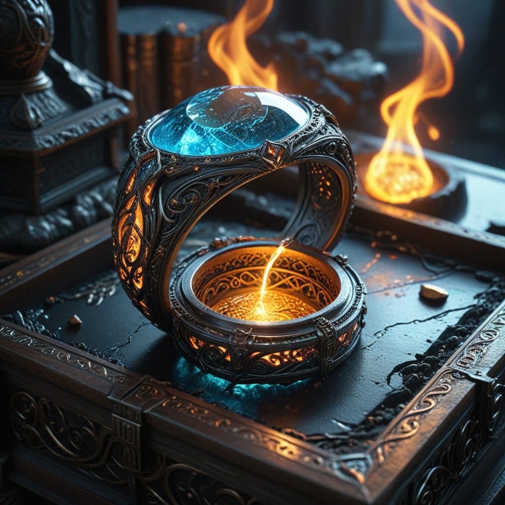 Luminous Elven Ring of Fire Magic in a Jewelry Box