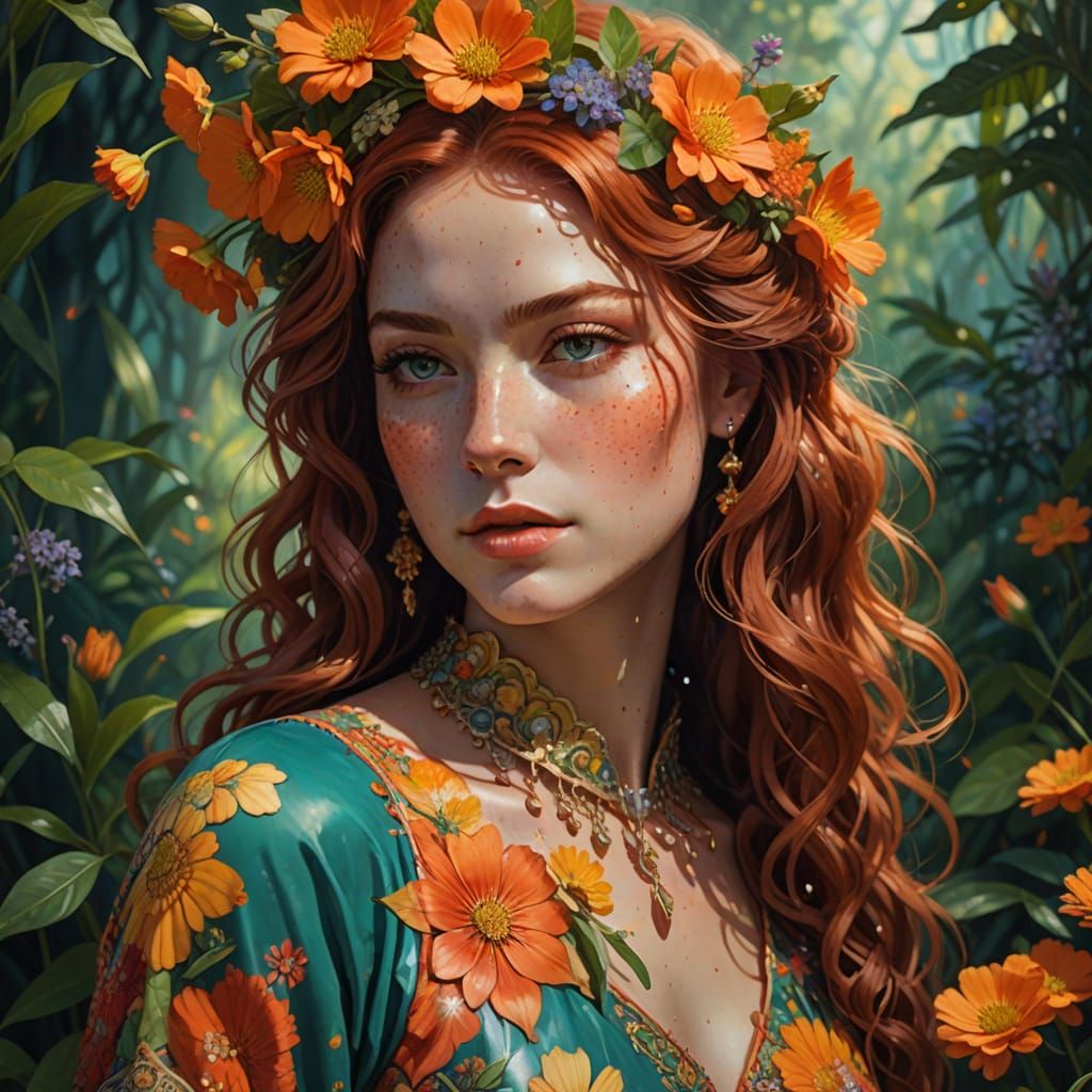 Vibrant Portrait with Red Hair and Orange Flowers