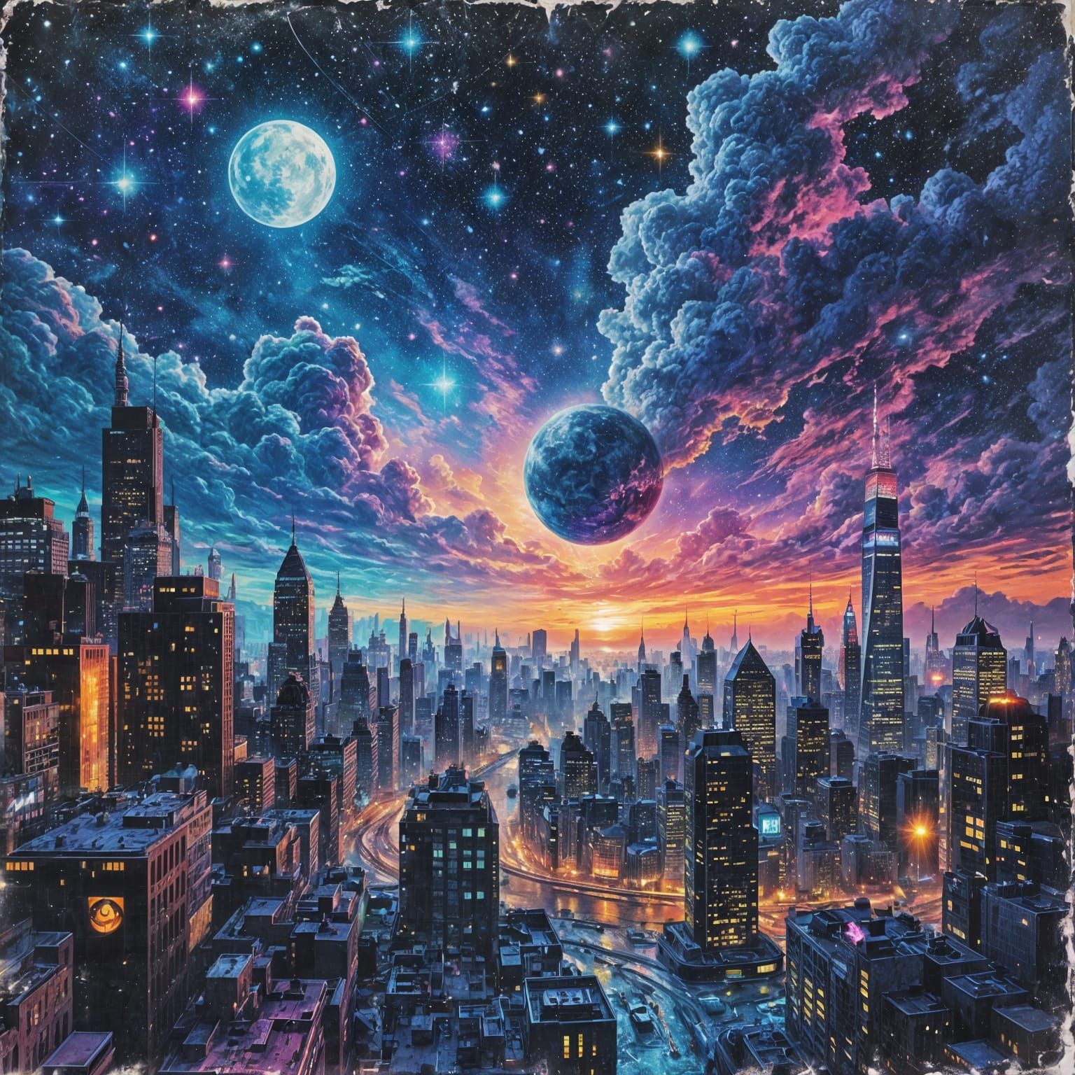 Cities on Constellations in Vibrant Graffiti Art Style